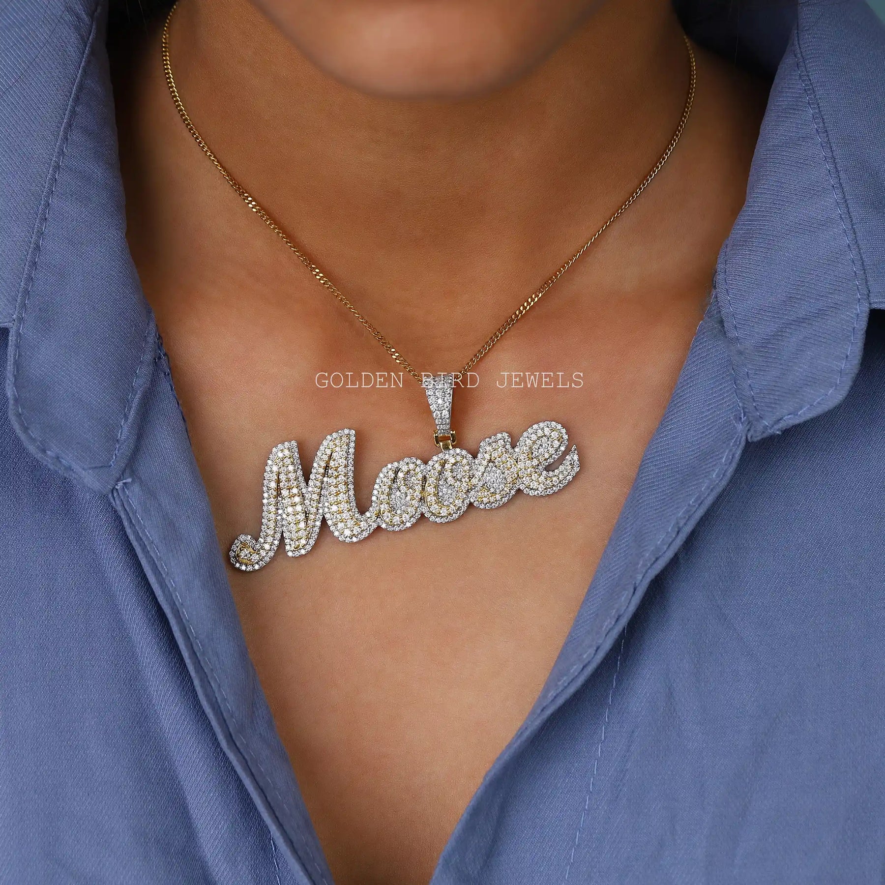 [In neck front view of round cut letter pendant in 14k yellow gold]-[Golden Bird Jewels]