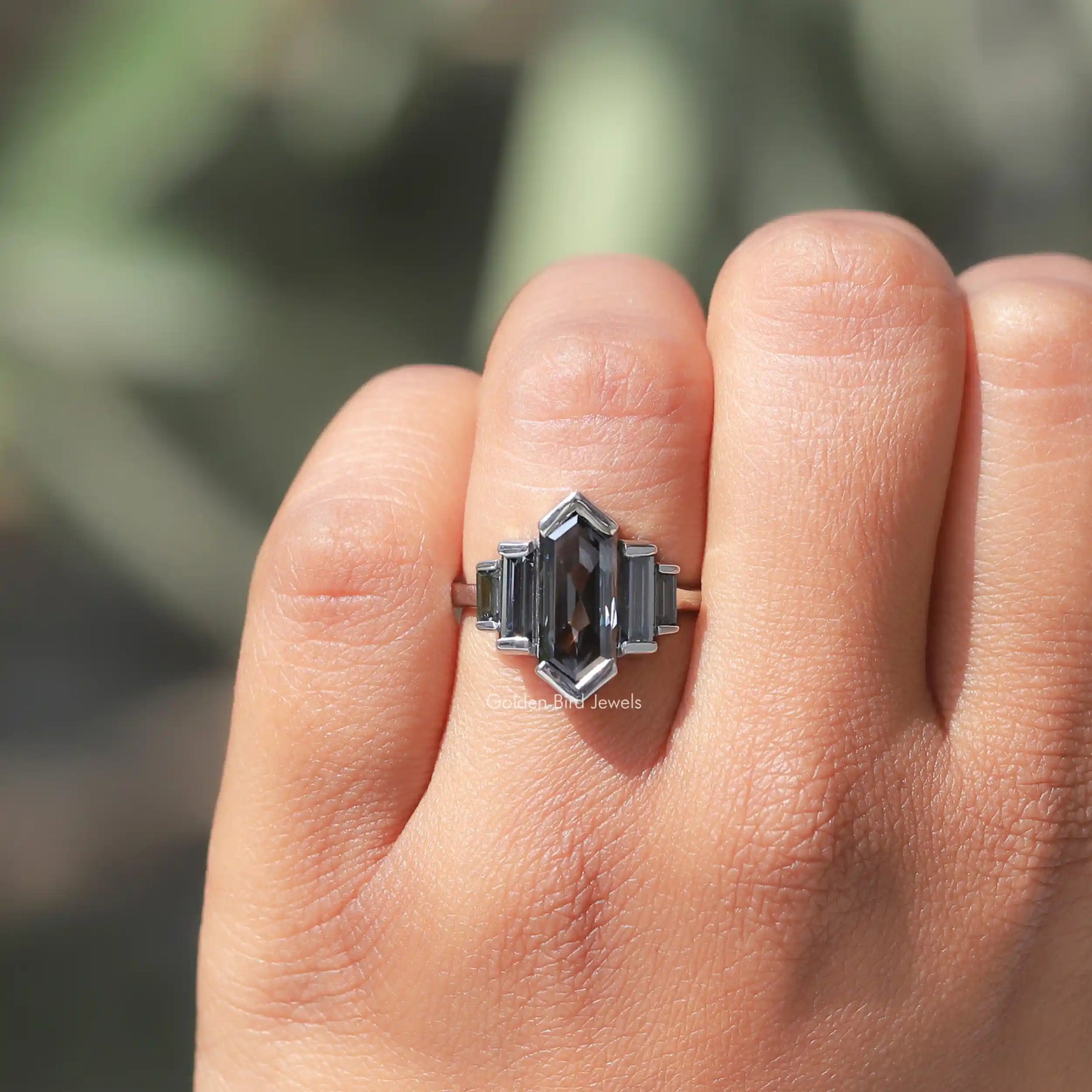 Gray Elongated Hexagon Five Stone Moissanite Ring