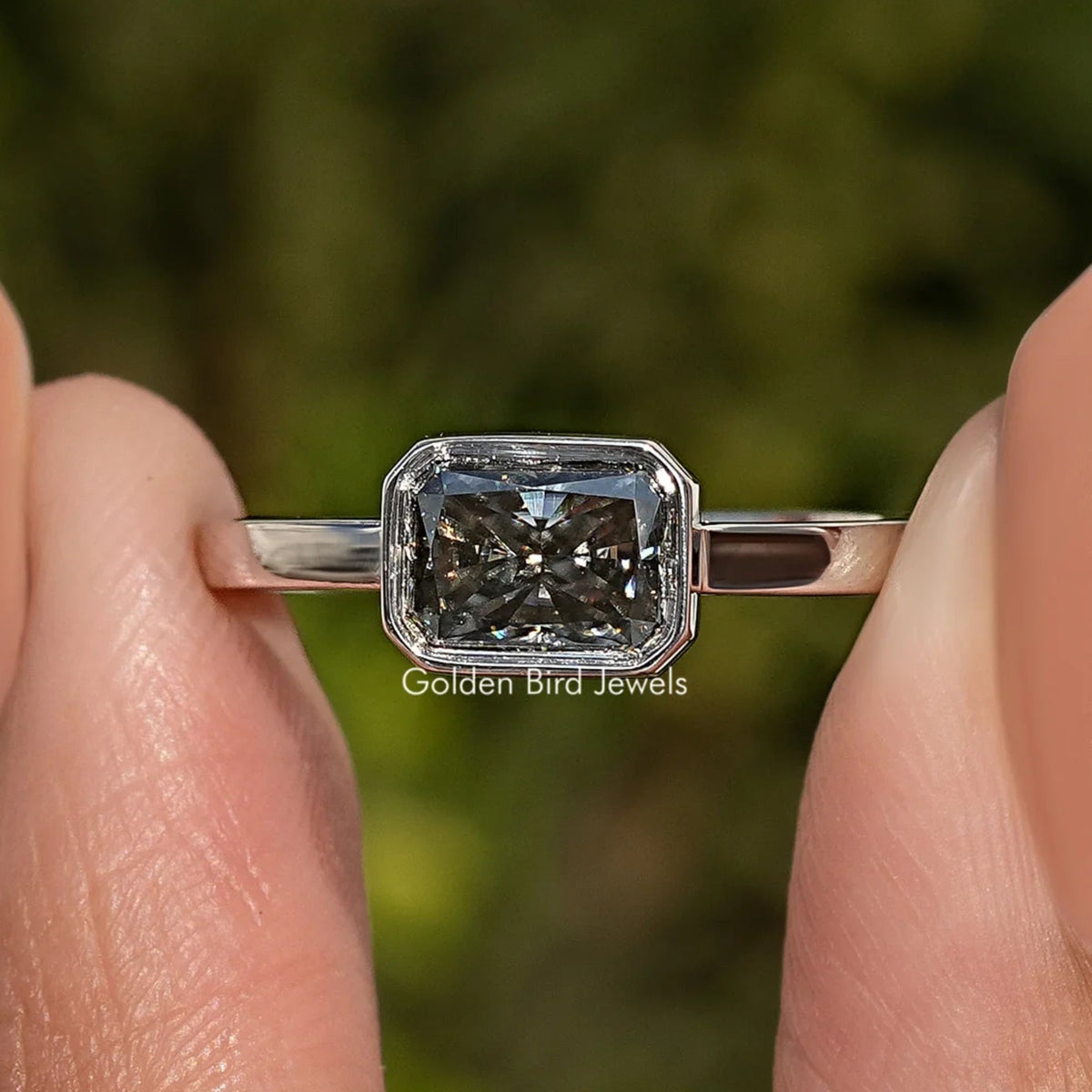 Gray Radiant Cut Moissanite Solitaire Ring