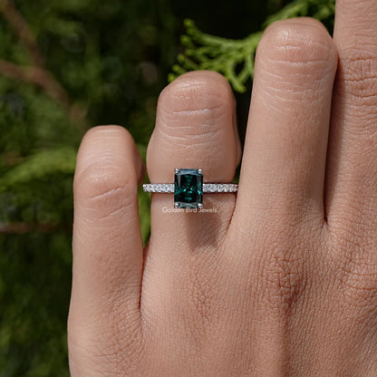Green Radiant Moissanite Gemstone Solitaire Accent Ring