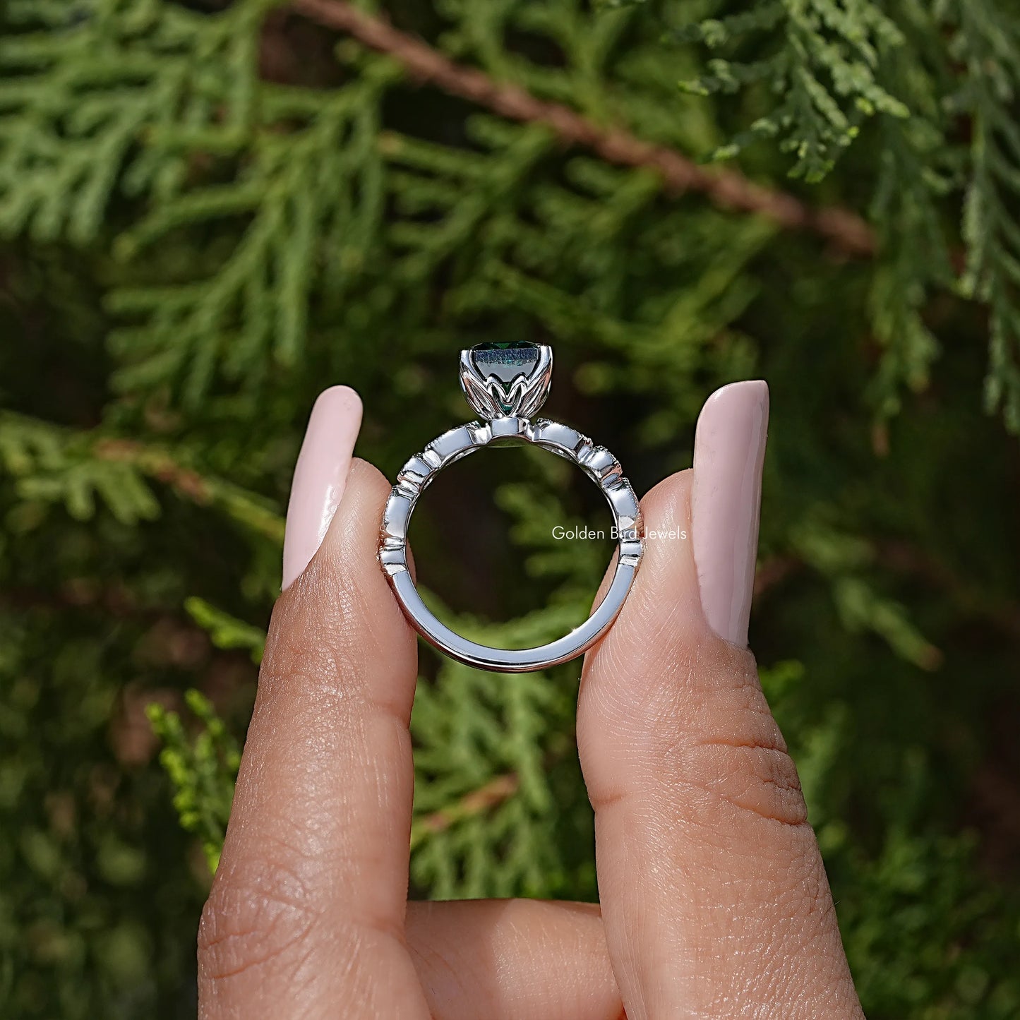 Green Asscher Moissanite Gemstone Engagement Ring