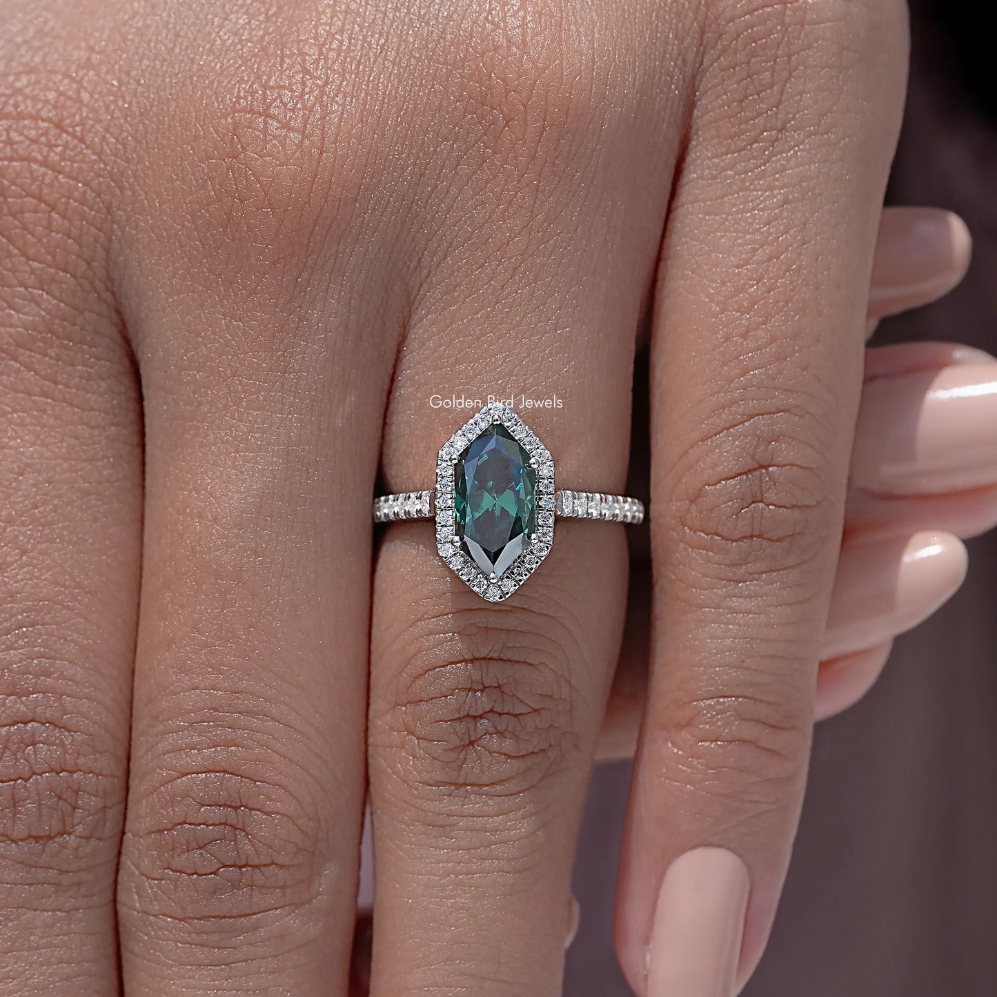 Dutch Marquise Moissanite Gemstone Halo Accent Ring