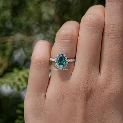 Green Pear Moissanite Gemstone Halo Accent Wedding Ring