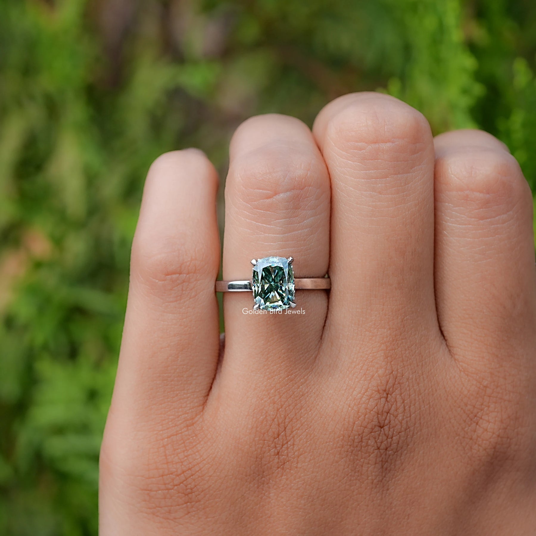 Elongated Cushion Moissanite Hidden Halo Ring