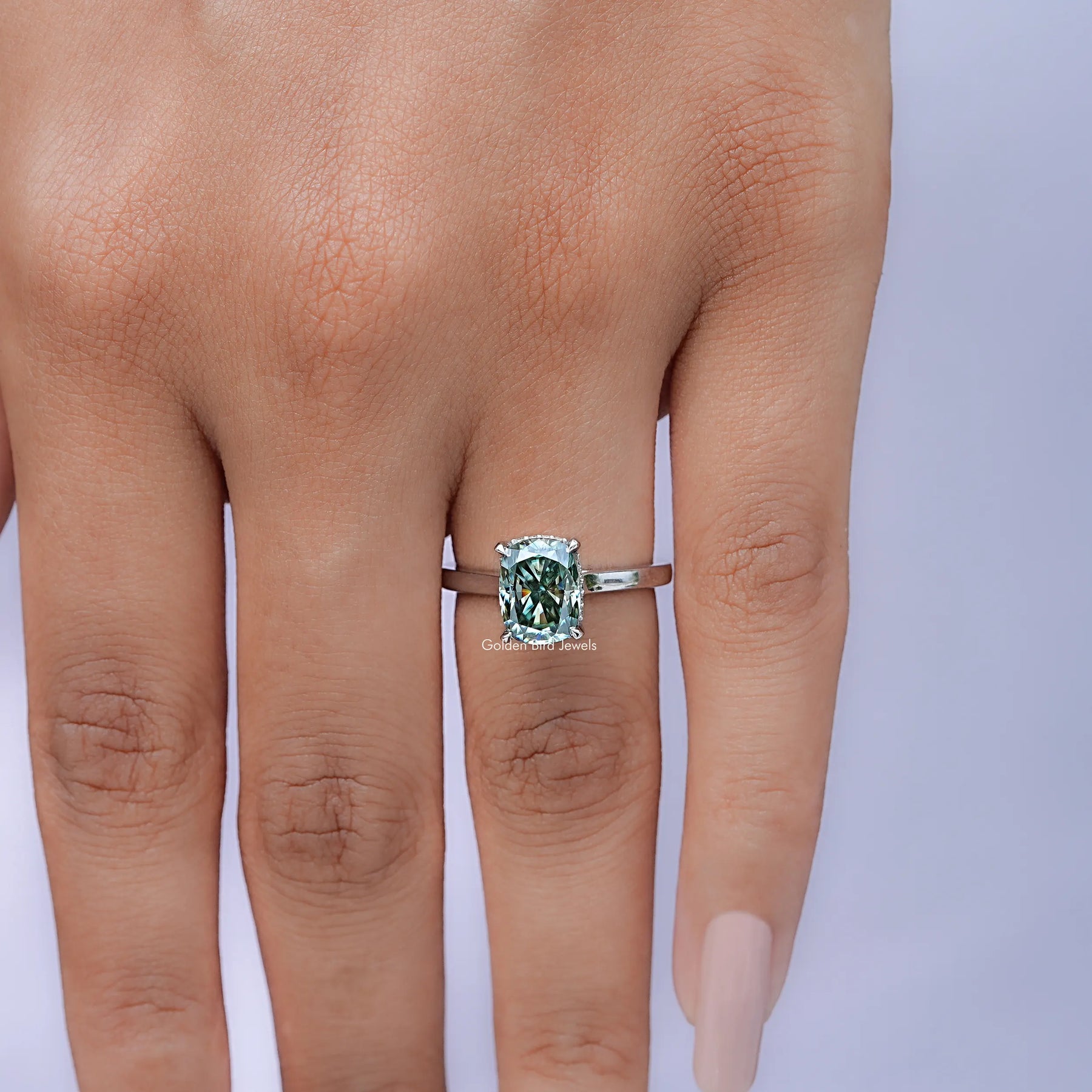 Elongated Cushion Moissanite Hidden Halo Ring