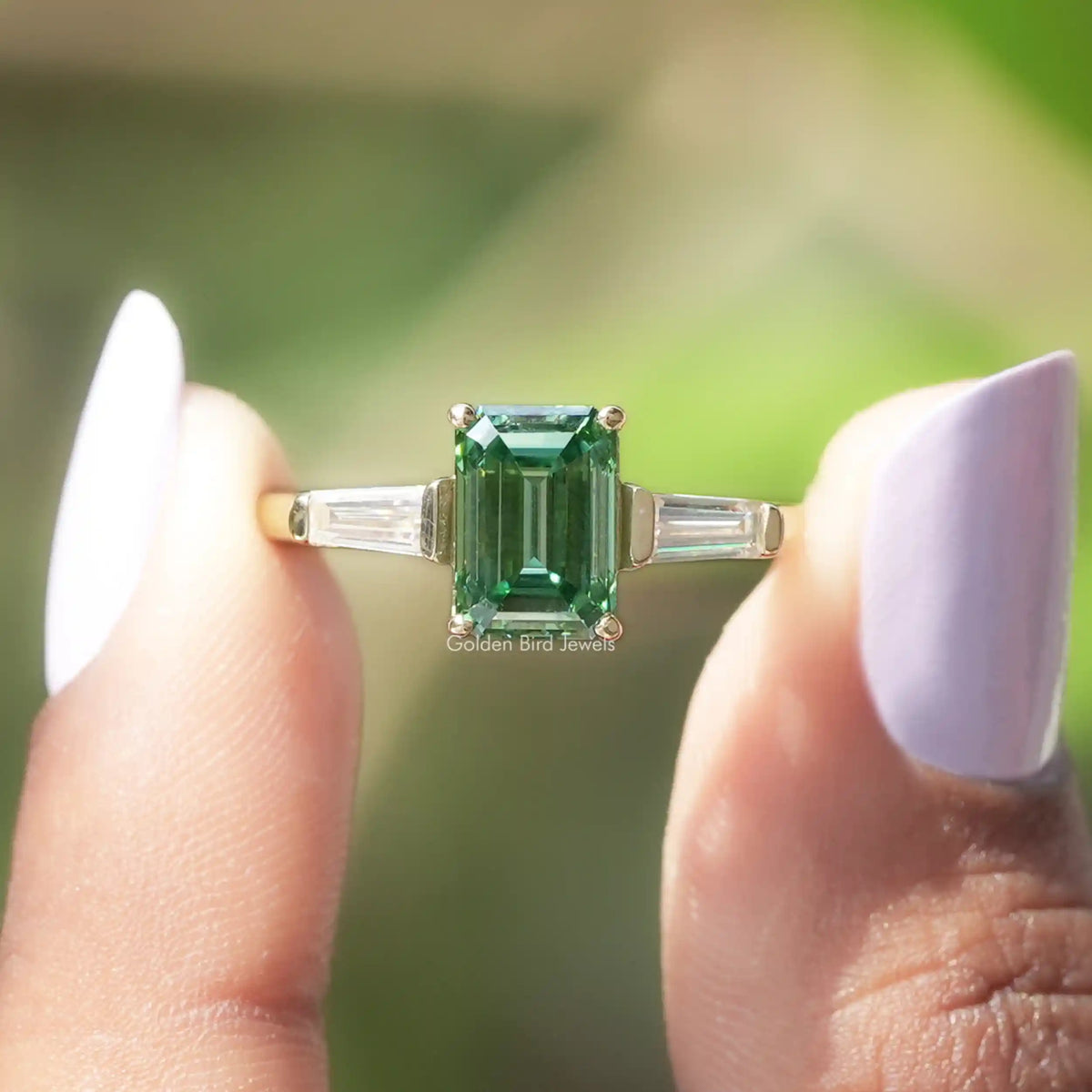 [Green Emerald Cut Moissanite Engagement Ring]-[Golden Bird Jewels]