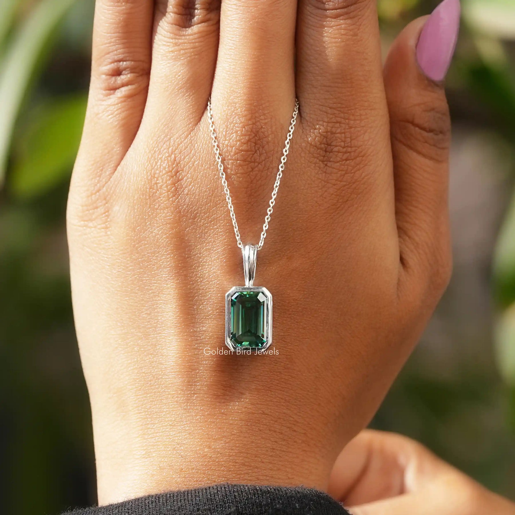 [Green Emerald Cut Moissanite Pendant]-[Golden Bird Jewels]