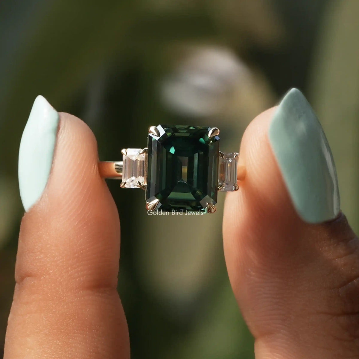 [Green Emerald Cut Three Stone Engagement Ring]-[Golden Bird Jewels]