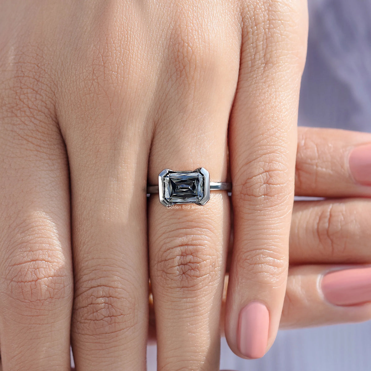 Radiant Moissanite Half Bezel Set East West Solitaire Ring