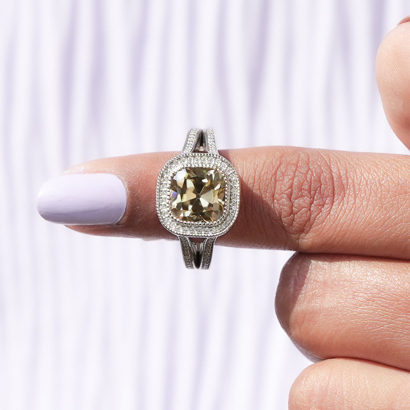 [This cushion cut moissanite ring made of bezel setting]-[Golden Bird Jewels]