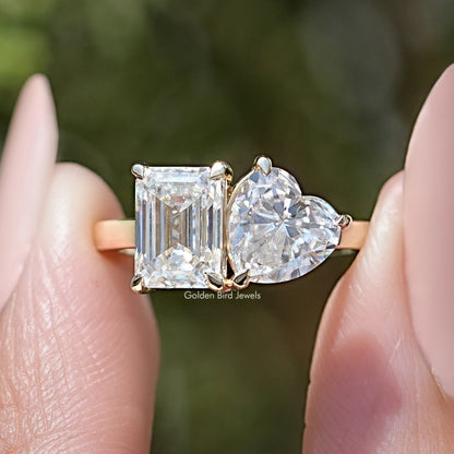 Heart and Emerald Cut Moissanite Toi Et Moi Ring