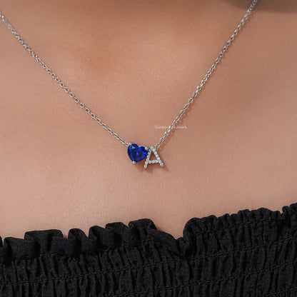 Heart Sapphire and Initial Letter Birthstone Pendant Necklace