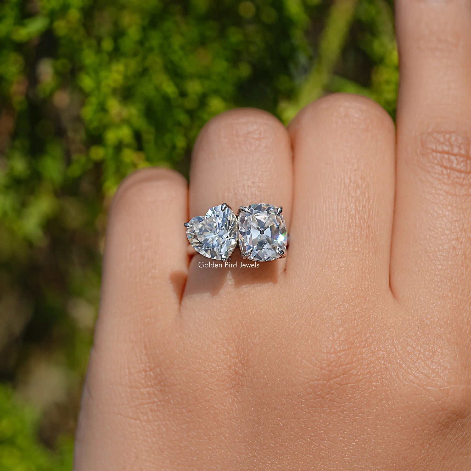 Heart and Old Mine Cushion Moissanite Toi Et Moi Ring