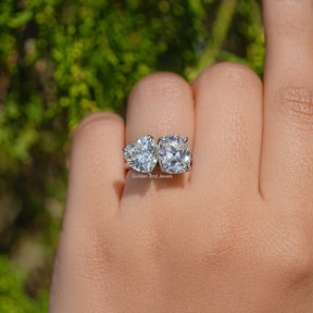 Heart and Old Mine Cushion Moissanite Toi Et Moi Ring