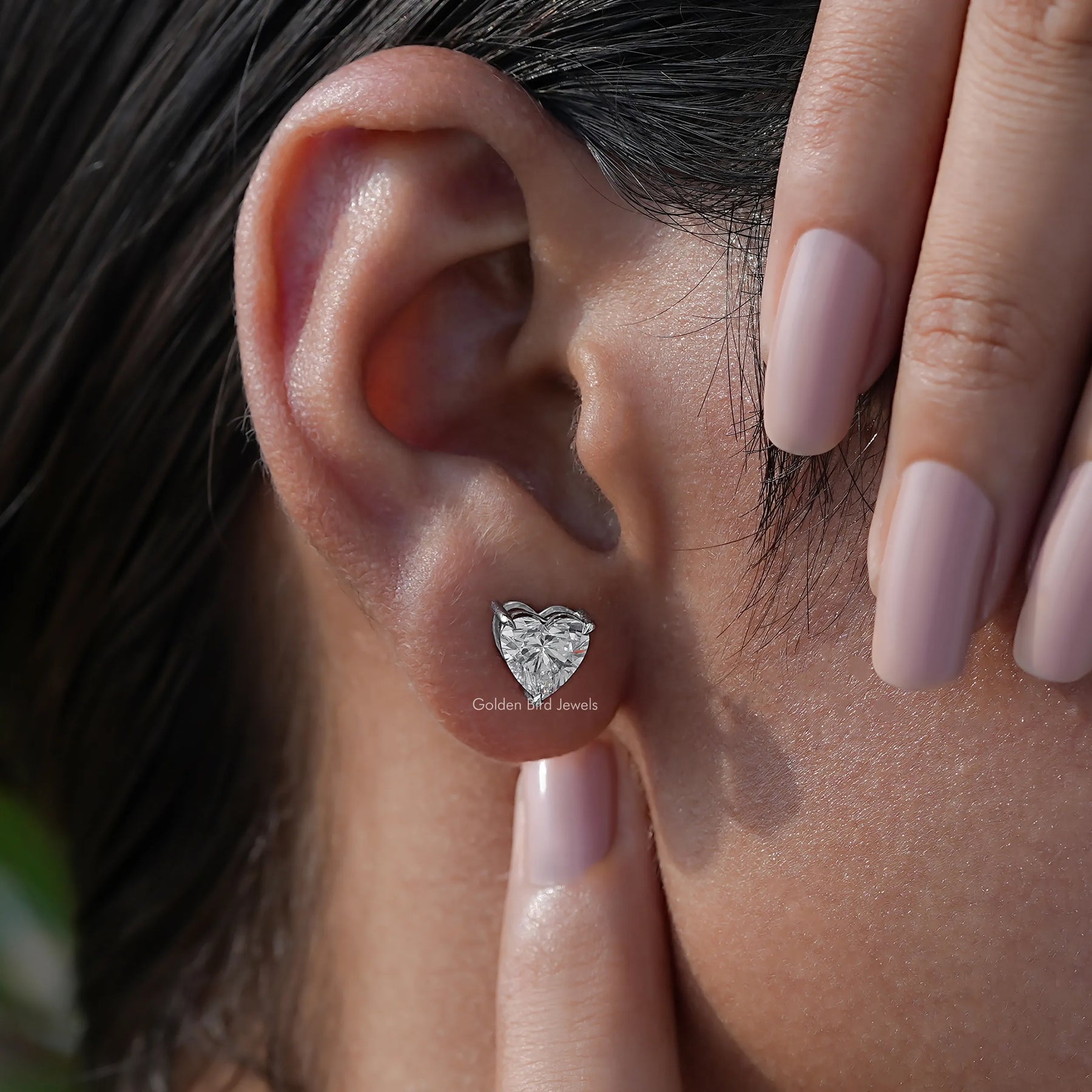 [Lab Grown Heart Shaped Stud Earrings]-[Golden Bird Jewels]