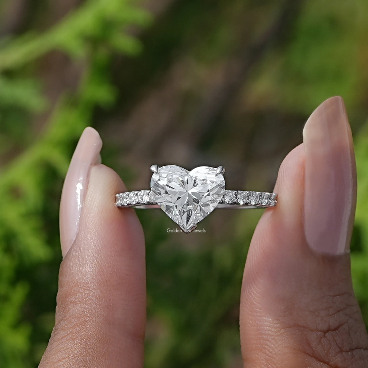 [Heart Shaped Solitaire Accent Diamond Ring]-[Golden Bird Jewels]