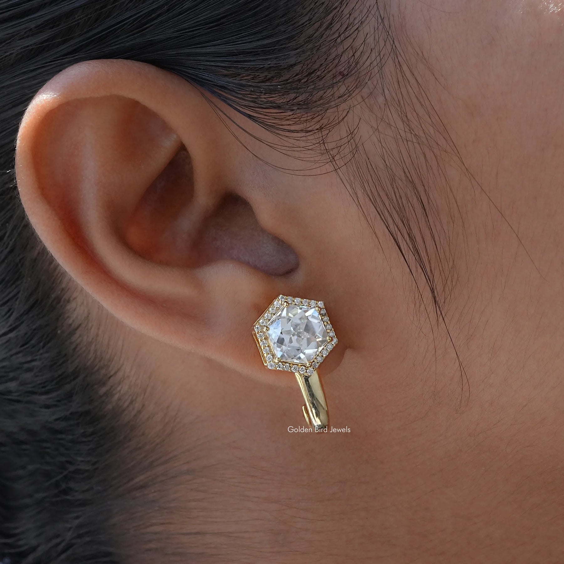 [Moissanite Hexagon And Round Cut Earrings]-[Golden Bird Jewels]