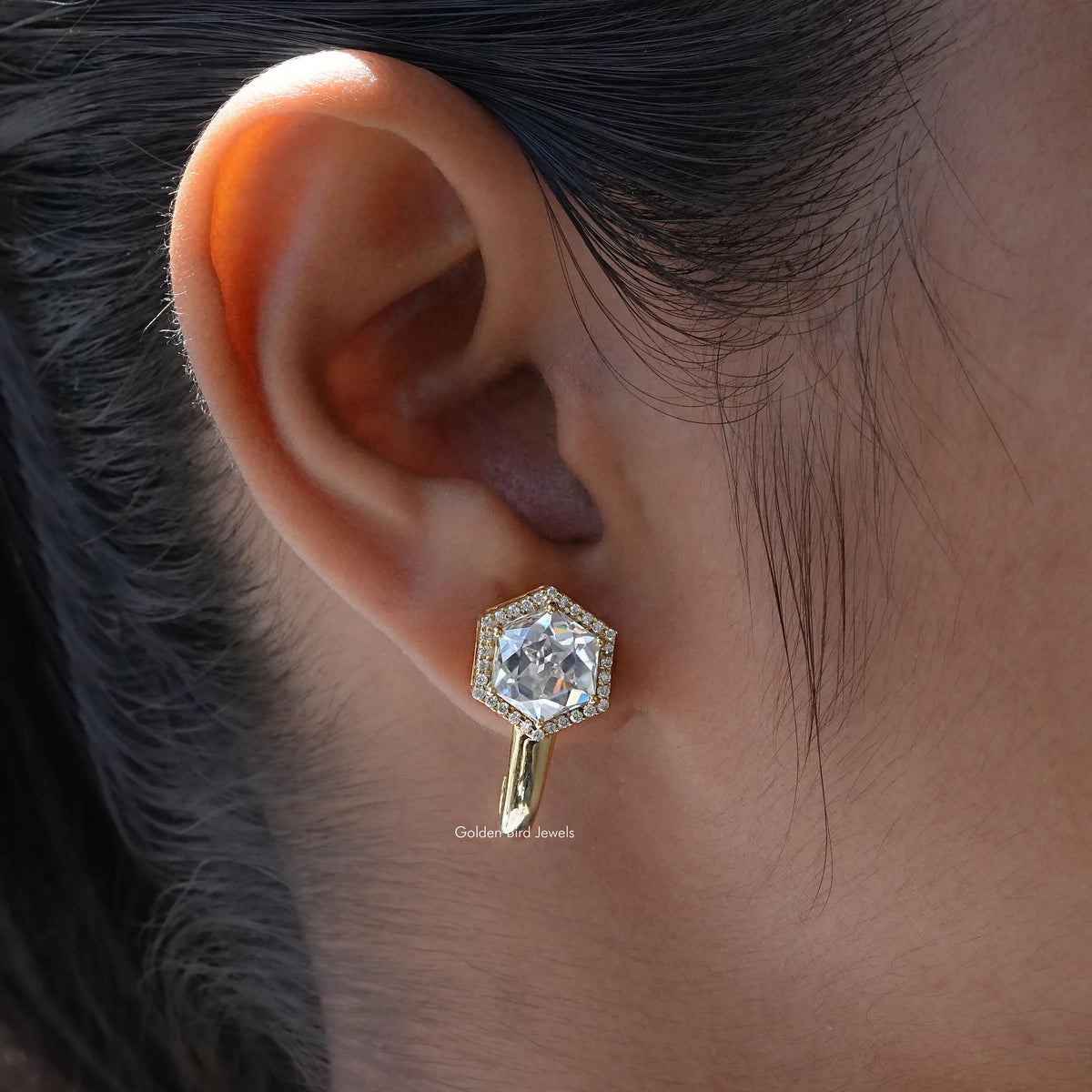 [Hexagon Moissanite Halo Earrings]-[Golden Bird Jewels]