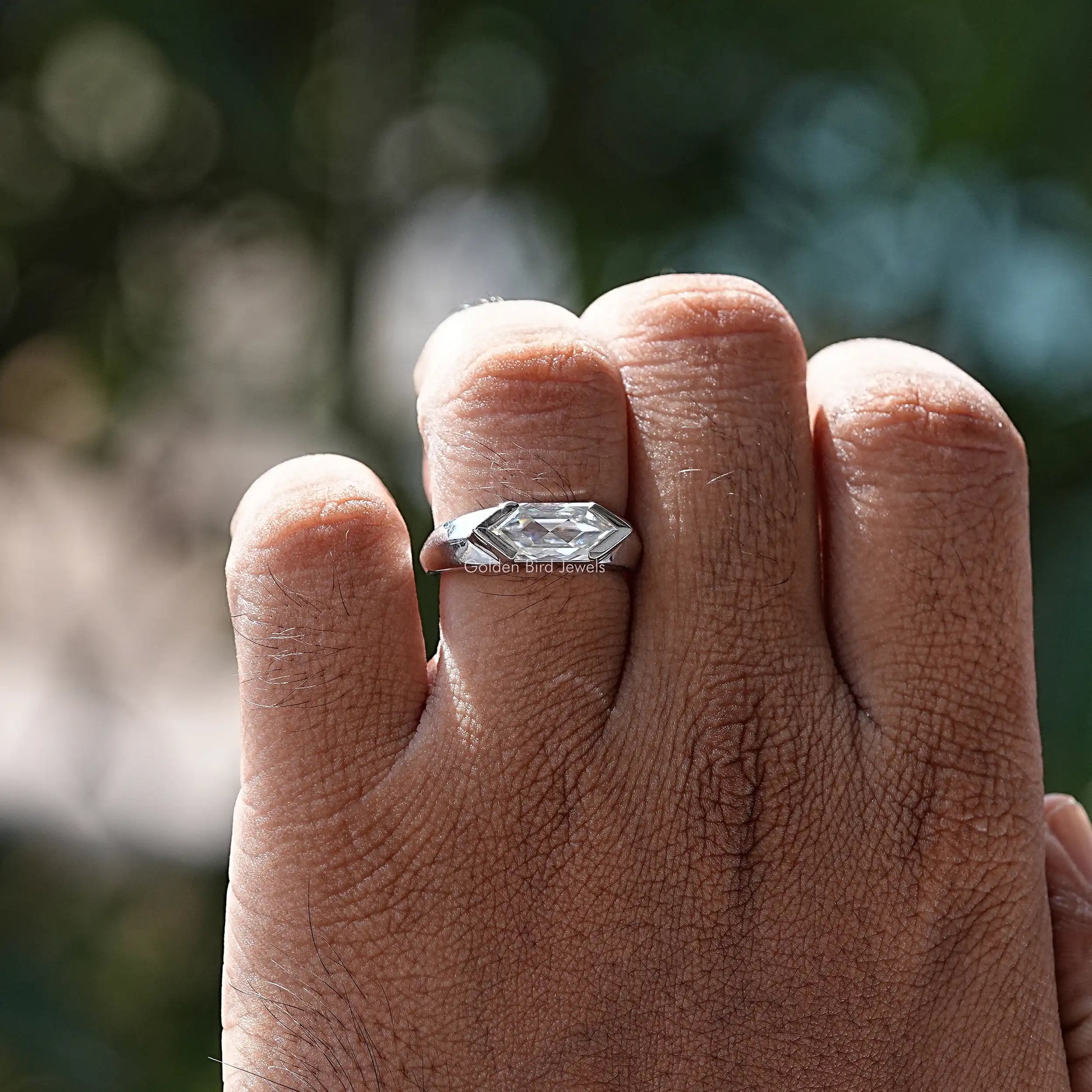 Detailed view of moissanite Hexagon cut wedding ring