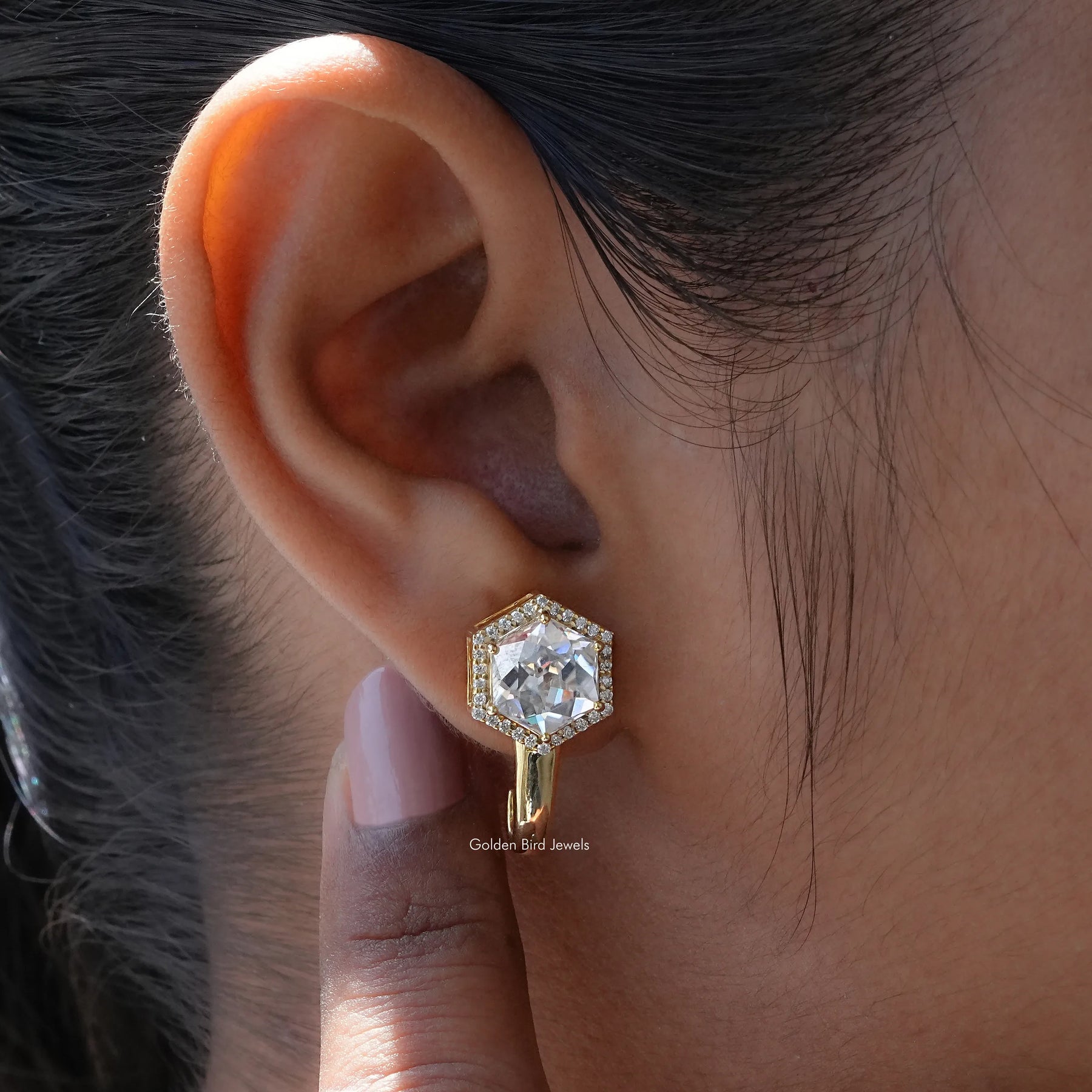 [Moissanite Hexagon Cut Earrings]-[Golden Bird Jewels]