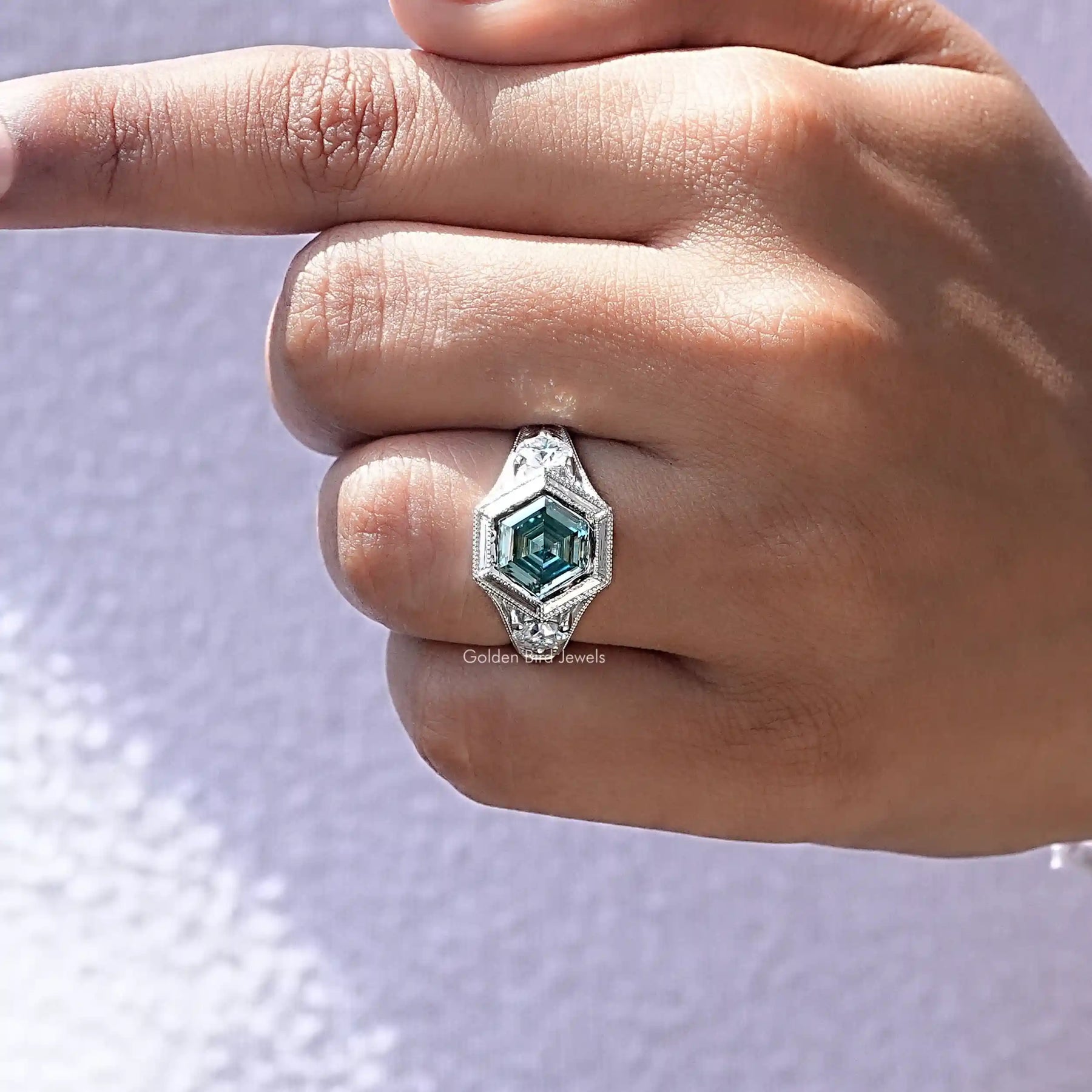 [White Gold Hexagon Cut Ring]-[Golden Bird Jewels]