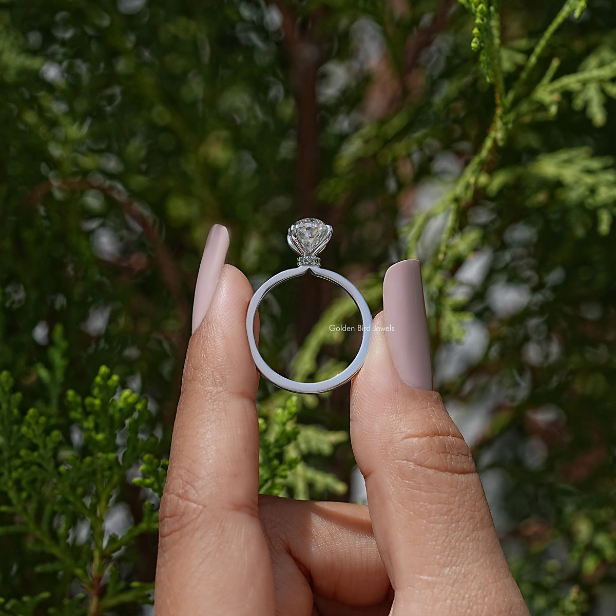 Oval moissanite solitaire ring, four-prong oval center on slender band