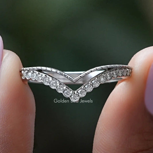Round Moissanite V Shaped Chevron Wedding Band