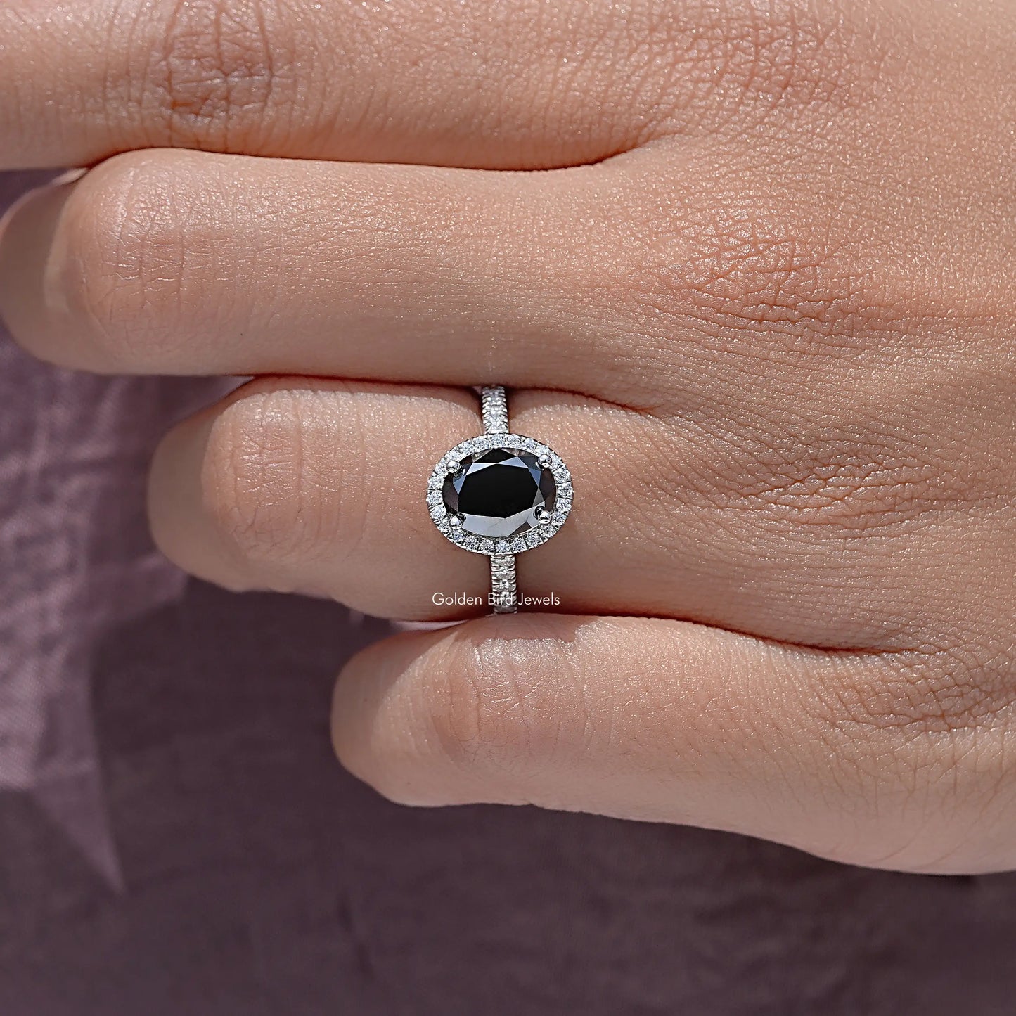 Black Oval Moissanite Gemstone Halo Accent Wedding Ring