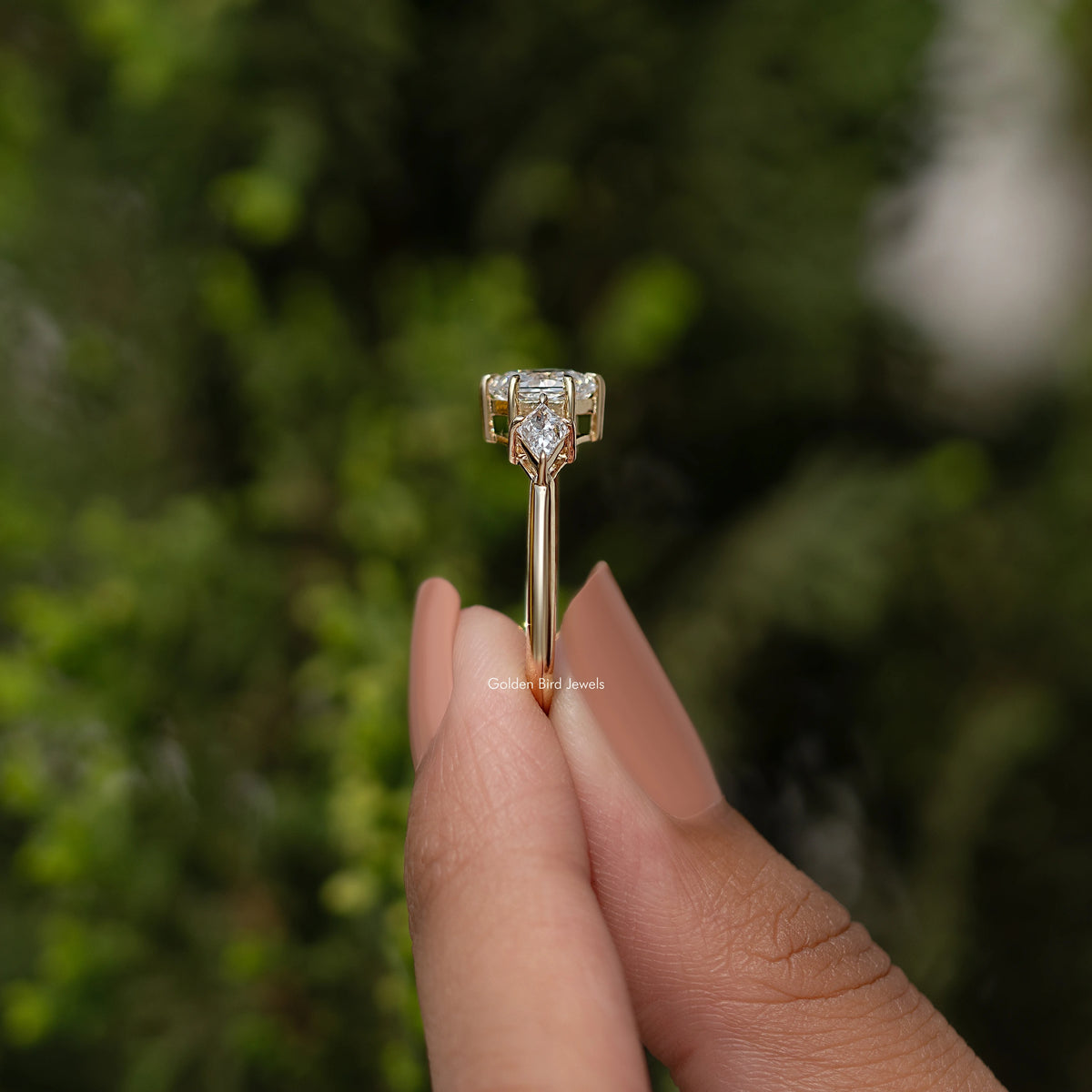 Hexagone Cut Lab Diamond Three Stone Ring