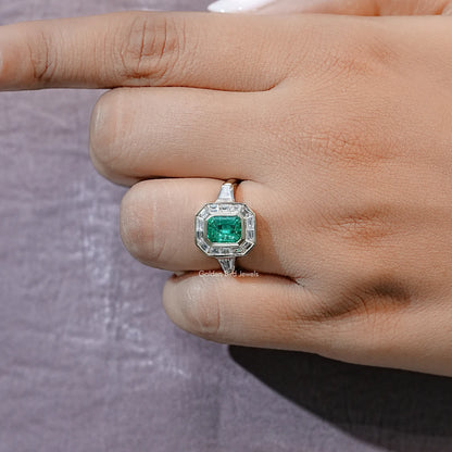 Green Emerald Halo Gemstone Engagement Ring