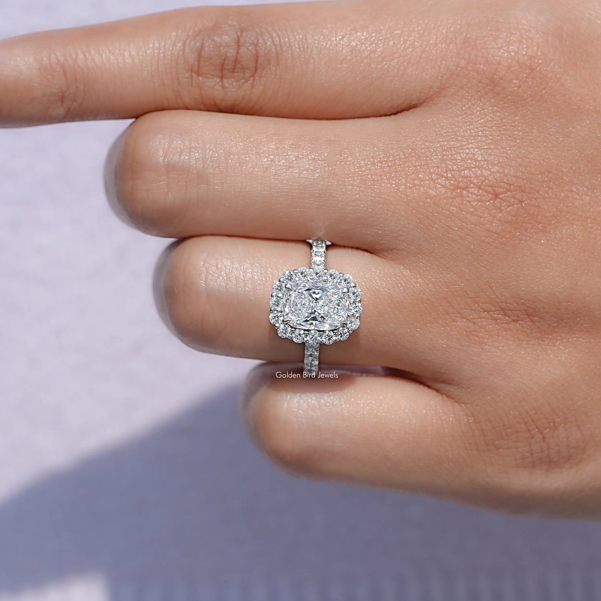 View of Lab Diamond Halo Accent Engagement Ring in prongs setting 