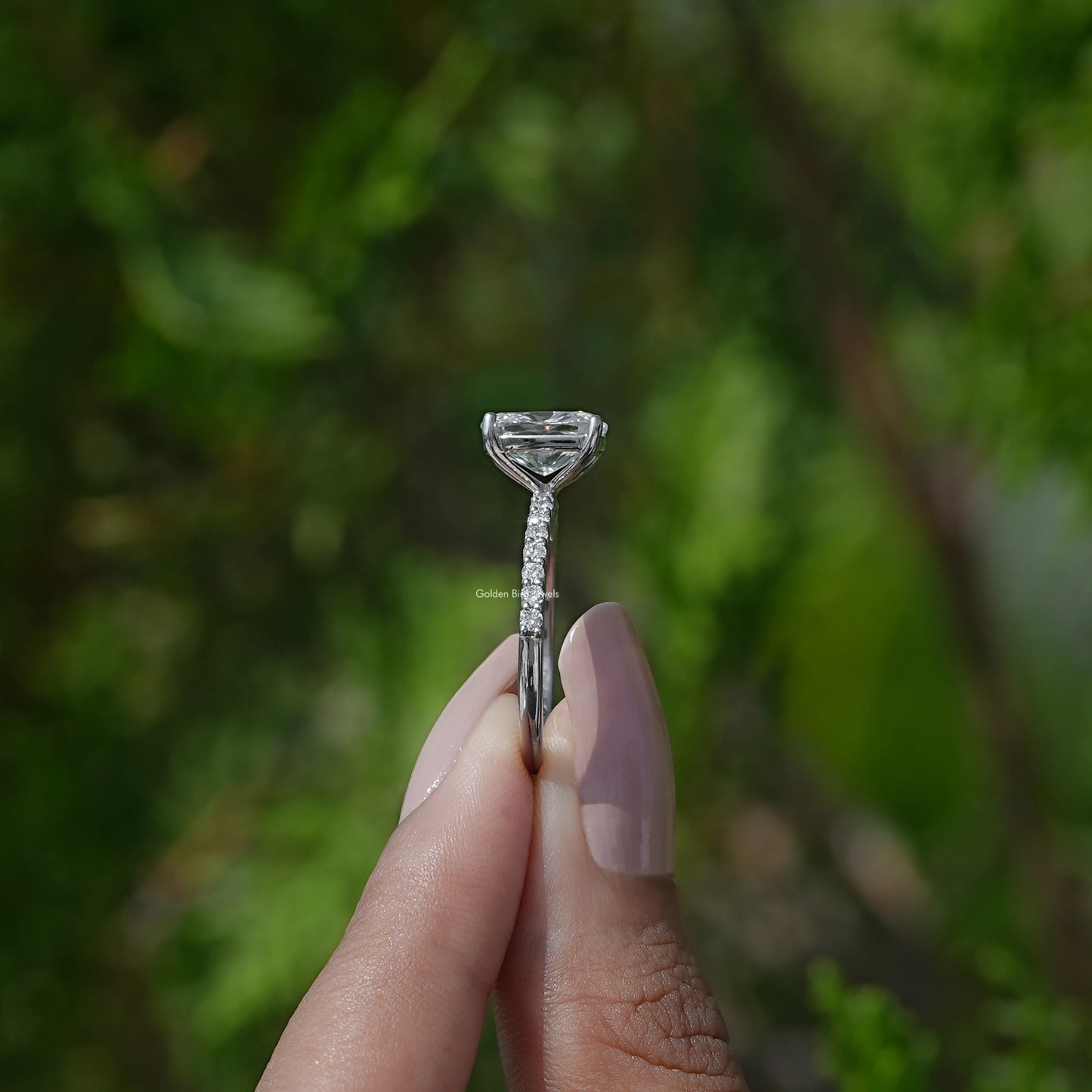 Side View of Elongated Cushion Cut Lab Diamond Ring