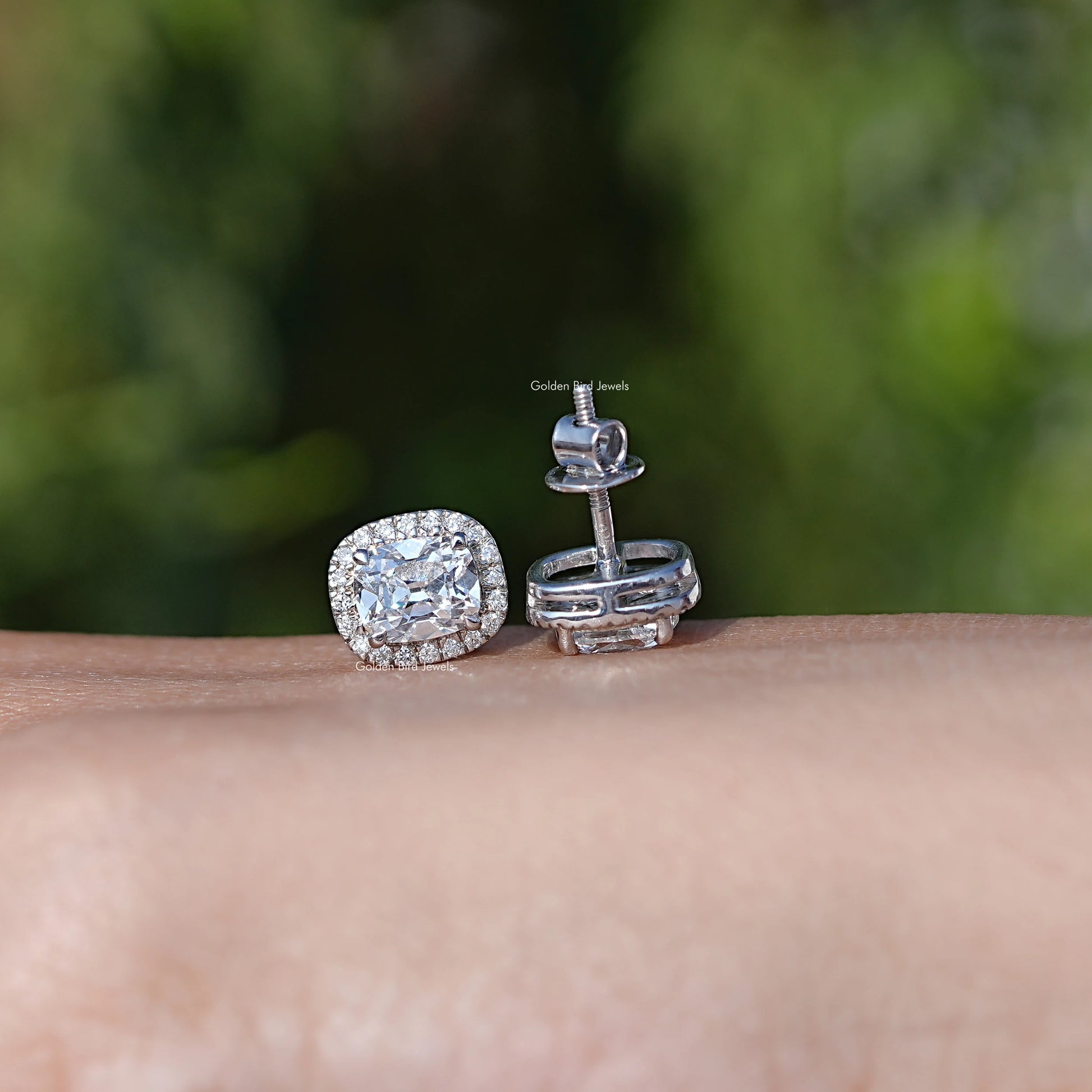 Front & Side View of Old Mine Cushion Cut Halo Stud Earrings In White Gold