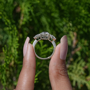 Back View A Old European Round Diamond Three Stone Ring in a two fingers