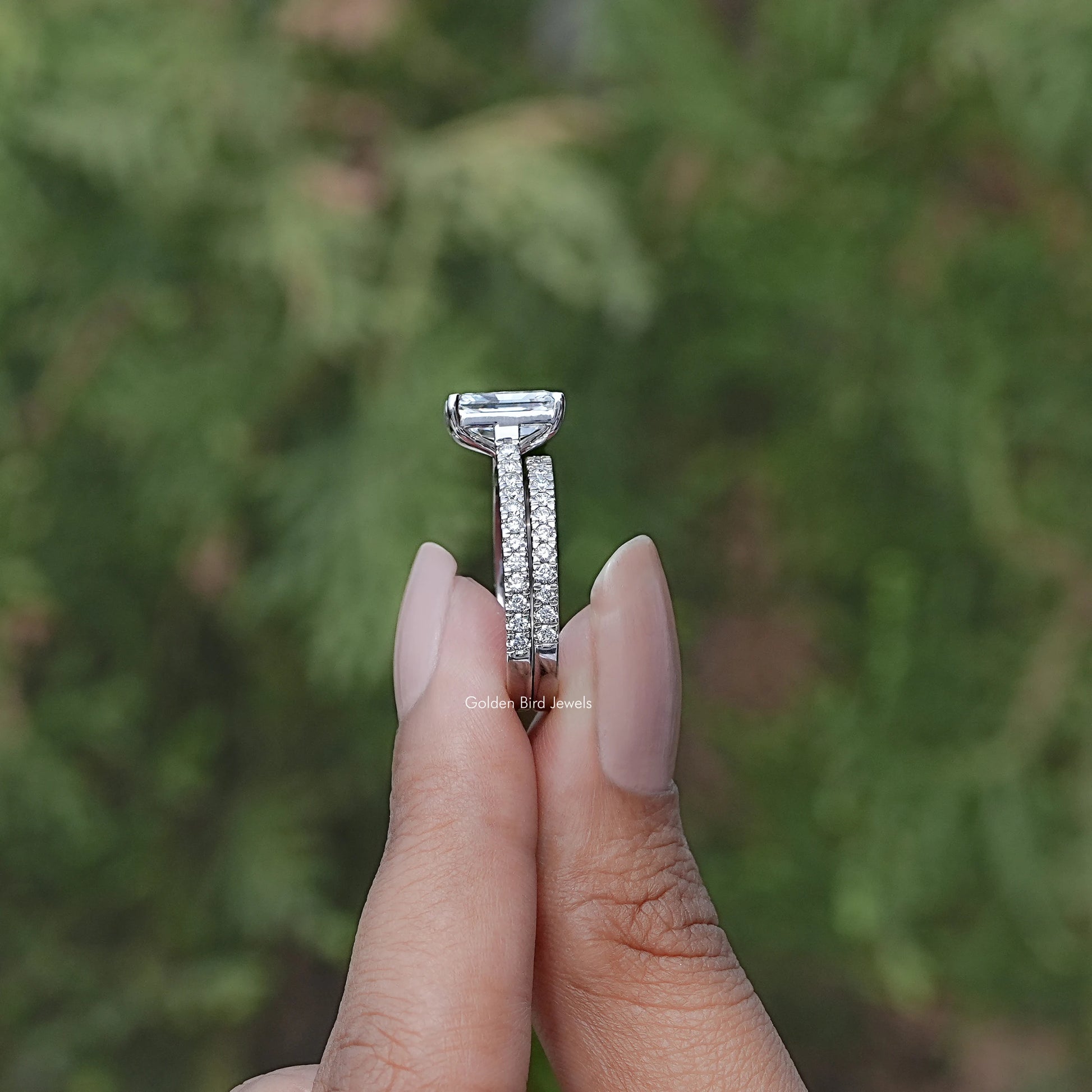 Side View of Engagement ring crafted With Lab Diamond Radiant Cut