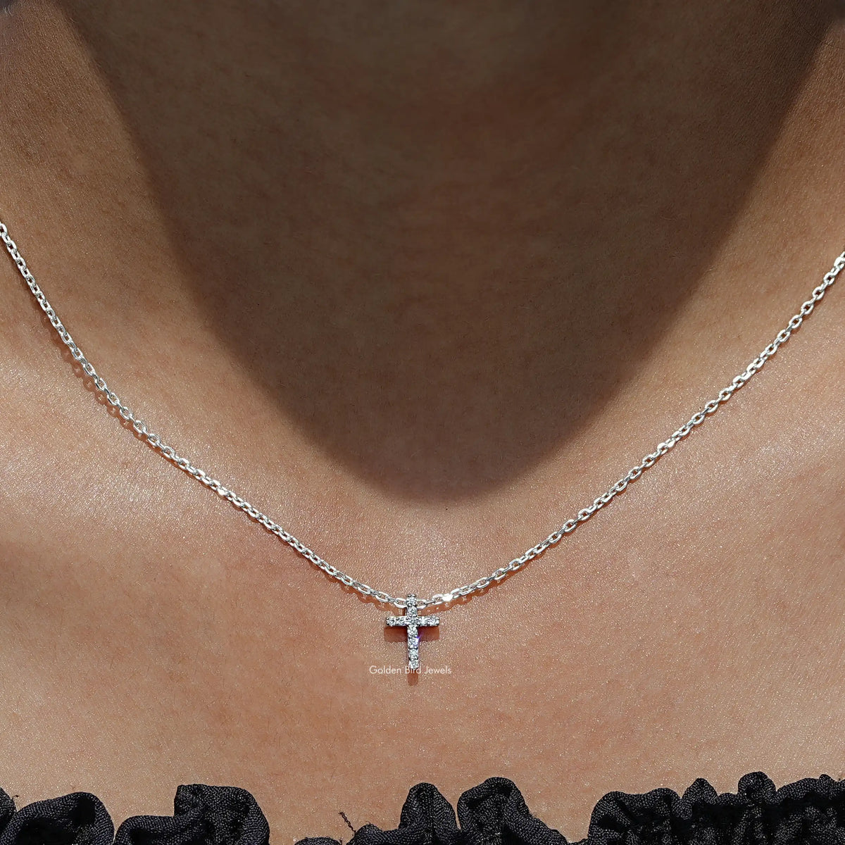 View Of Round Cut Lab Diamond Cross Pendant In A Women's