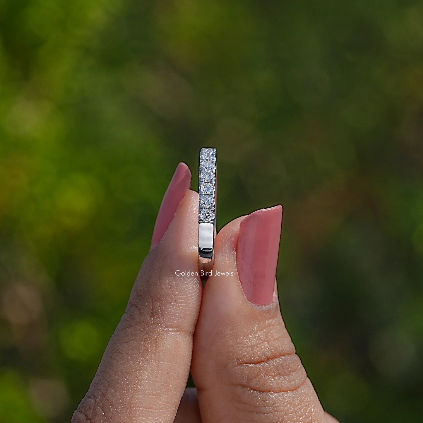 Side View Of Lab Diamond Round Five Stone Halo Band