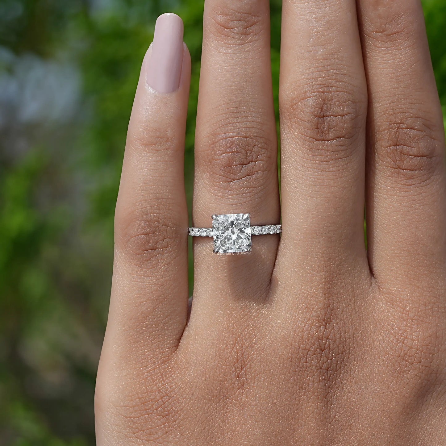 Close-Up View of Diamond Square Radiant Shaped Ring in finger