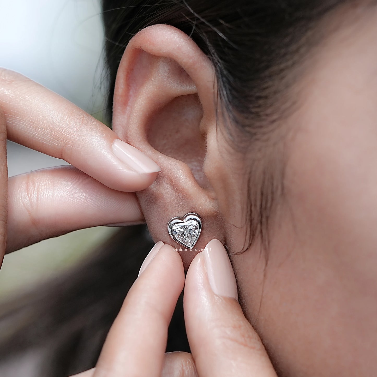 Display view of Heart Shaped Lab Grown Diamond Stud Earrings