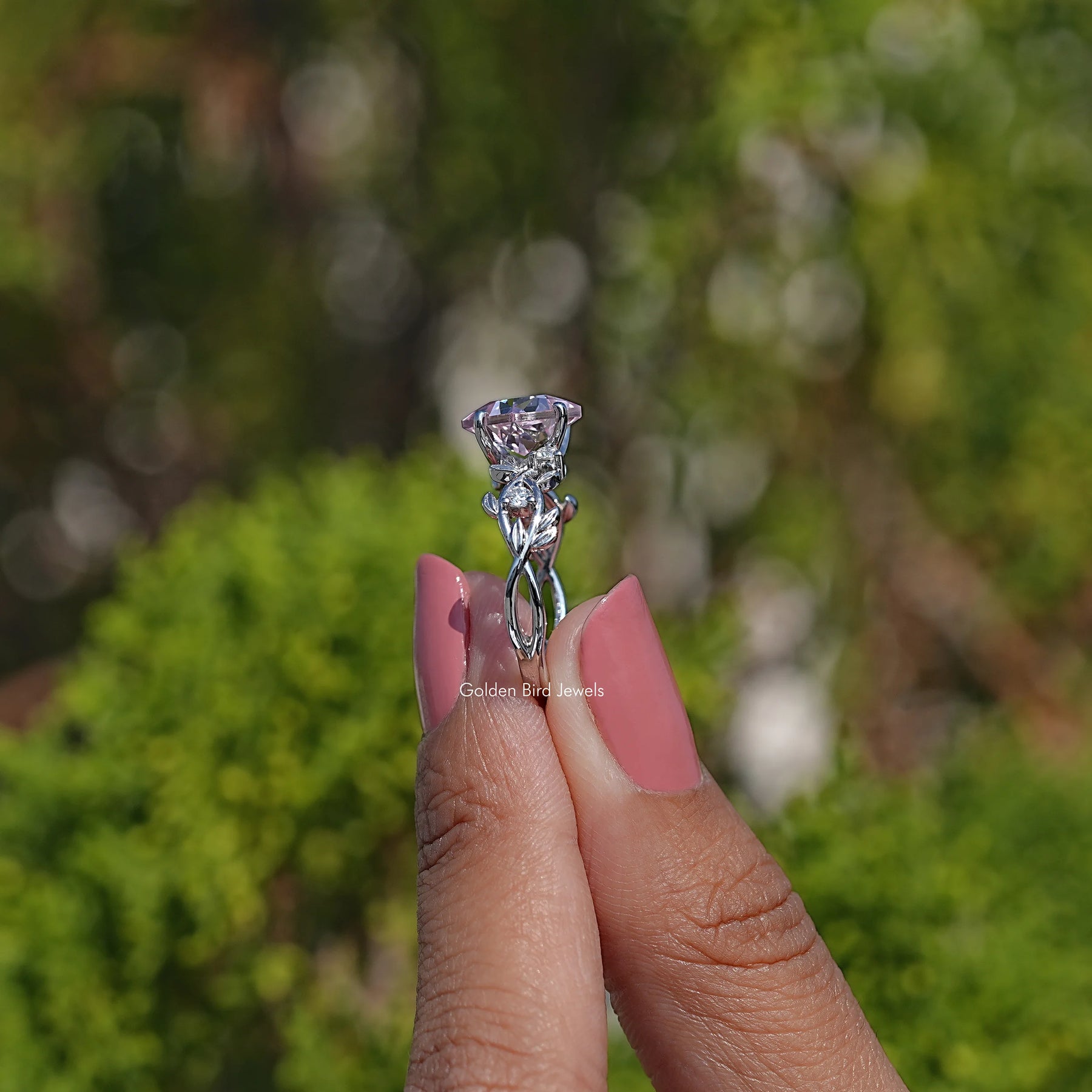 Princess Lab Gemstone Leaf Style Engagement Ring