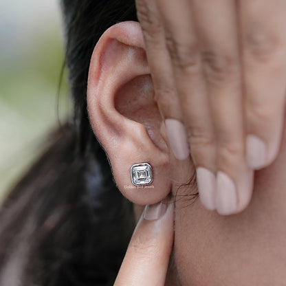 Detailed view of Asscher Cut Diamond Bezel Stud Earrings