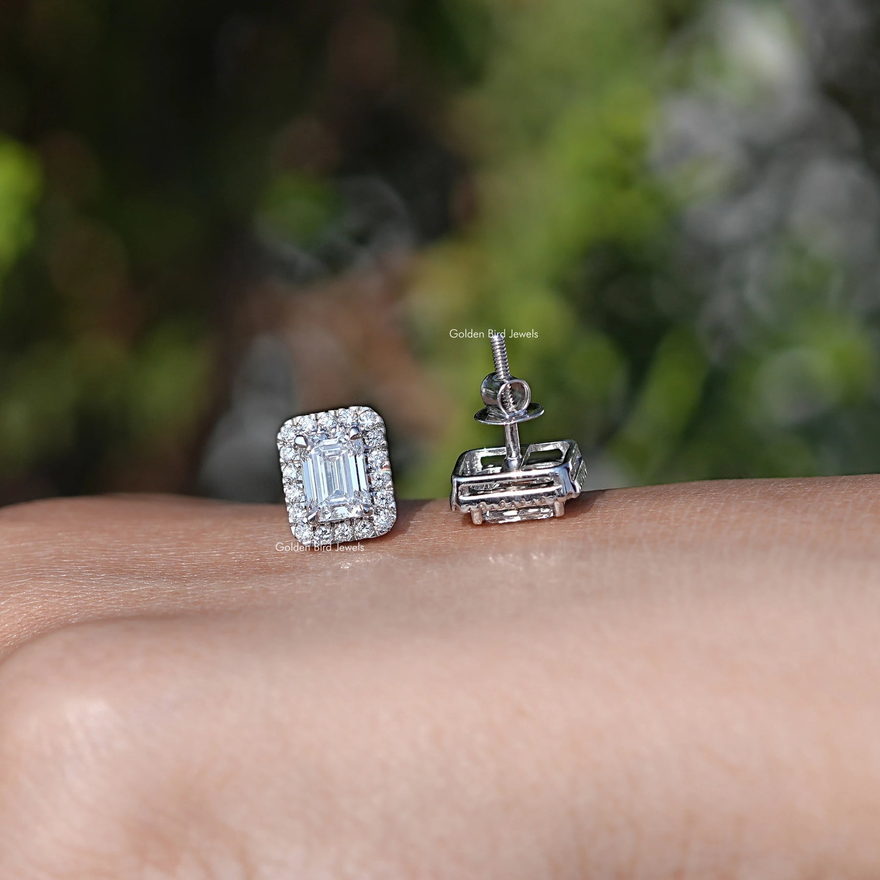 Lab Grown Emerald Cut Diamond Halo Earrings