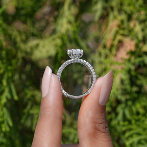 Back View Of A Diamond Cushion Cut Ring Set in two fingers