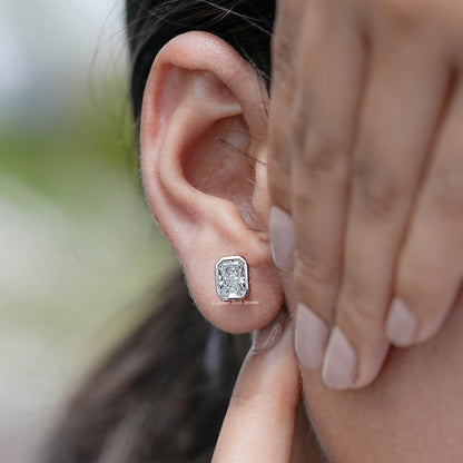 Detailed view of Radiant Cut Diamond Stud Earrings in Ear