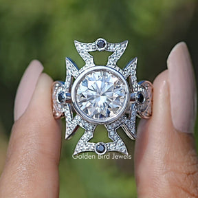 Front view of Long Art Deco Round Moissanite Engagement Ring