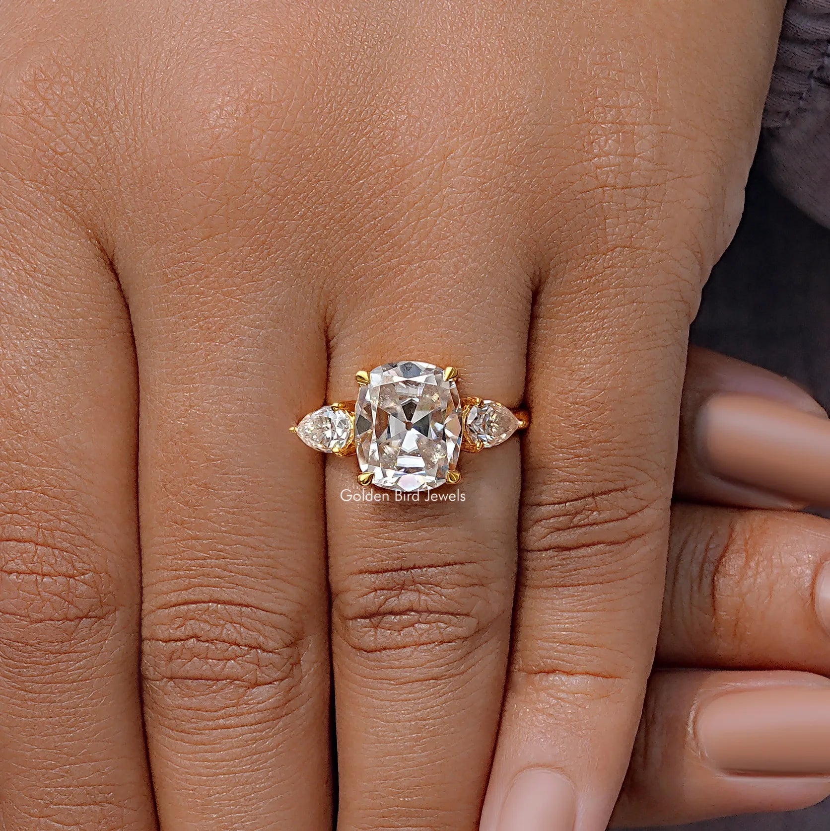 Three Stone Old Mine Cushion Cut Moissanite Ring