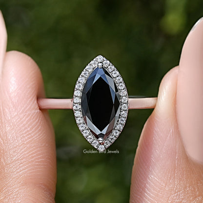 Black Marquise Moissanite Halo Diamond Wedding Ring