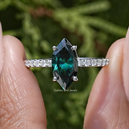 Green Marquise Moissanite Gemstone Solitaire Accent Ring