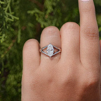 Marquise Cut Moissanite Split Shank Solitaire Ring