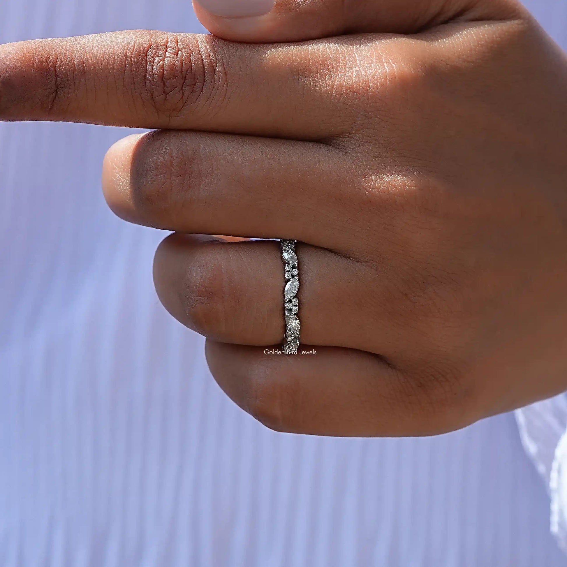 Detailed View Of Marquise And Round Lab Diamond Half Eternity Band
